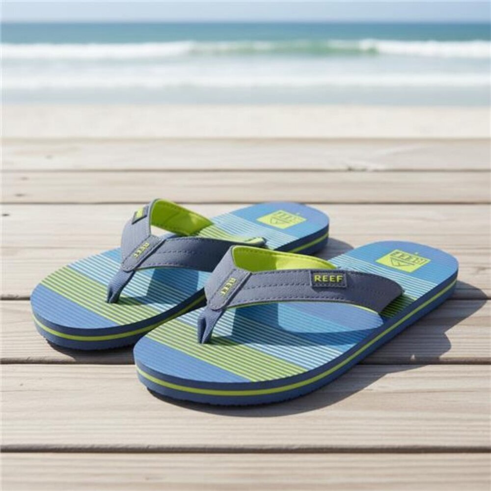 Reef Kids Flip Flops Youth Size 2 Blue Green Striped Sandals